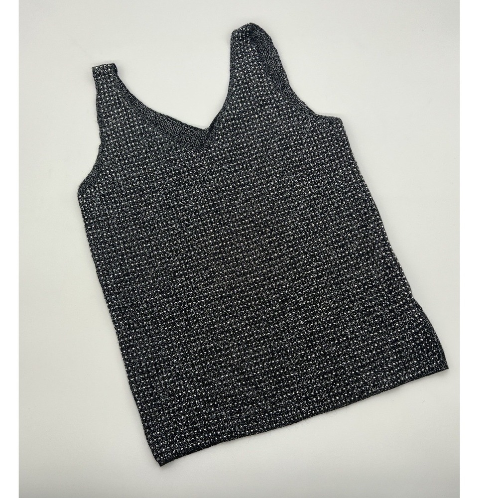 Papermoon Black Metallic Knit Tank Top V-Neck Shimmer Sleeveless Shirt BE12912 S